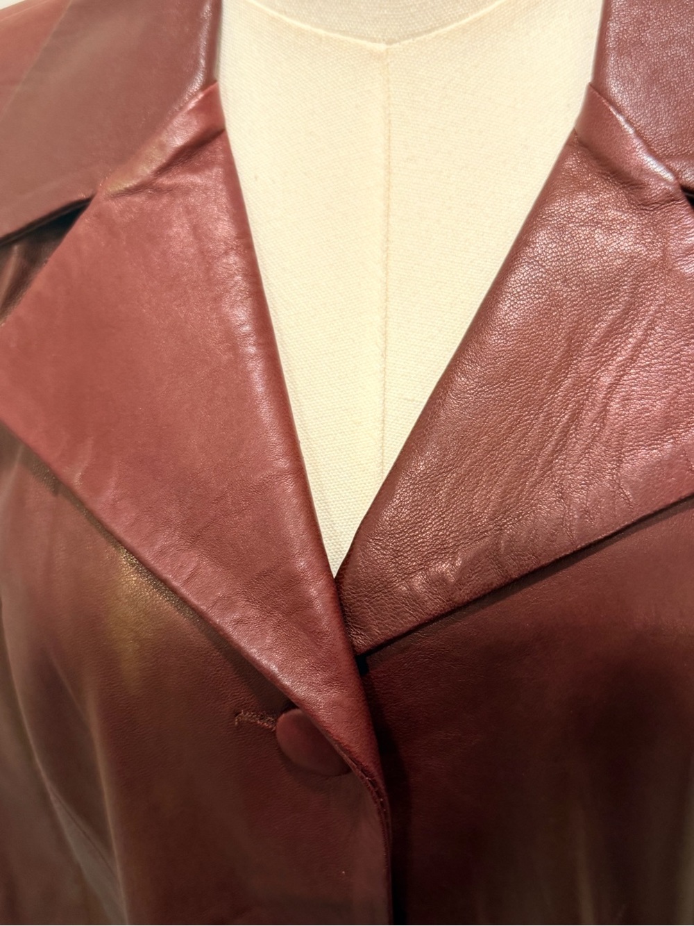 Johenic Leather Button-Front Coat in Deep Brick Red and Shimmering Gold Finish - Picture 6 of 12